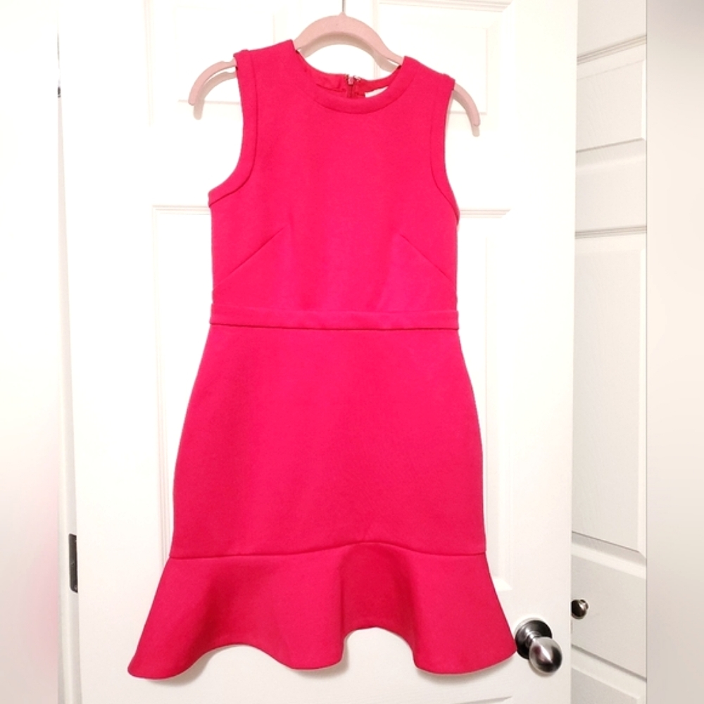 Ann Taylor Loft scuba fluted hem pink coral dress 4 Petite 4P fits XS petite